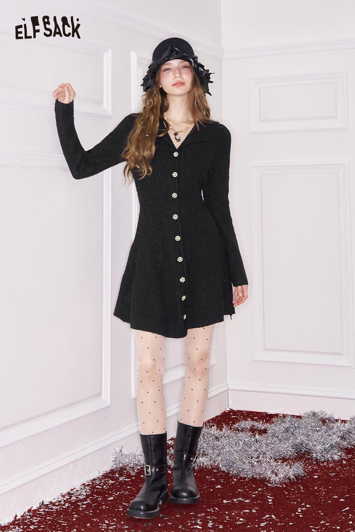 ELFSACK Elegant Sweet Single Breasted Gold Button Lapel Slimming Dress