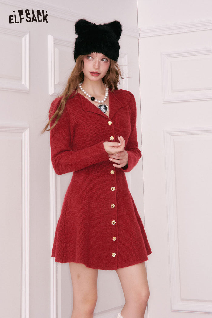 ELFSACK Elegant Sweet Single Breasted Gold Button Lapel Slimming Dress