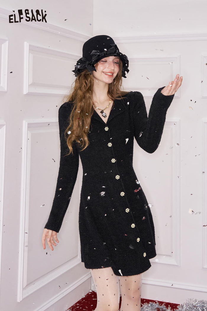 ELFSACK Elegant Sweet Single Breasted Gold Button Lapel Slimming Dress