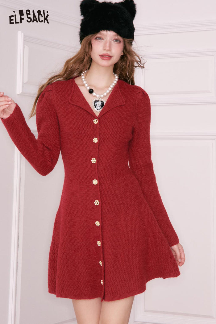 ELFSACK Elegant Sweet Single Breasted Gold Button Lapel Slimming Dress