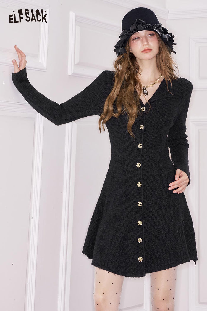 ELFSACK Elegant Sweet Single Breasted Gold Button Lapel Slimming Dress