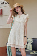 ELFSACK Embroidered Apricot Small Fly Sleeves Loose Casual Dress