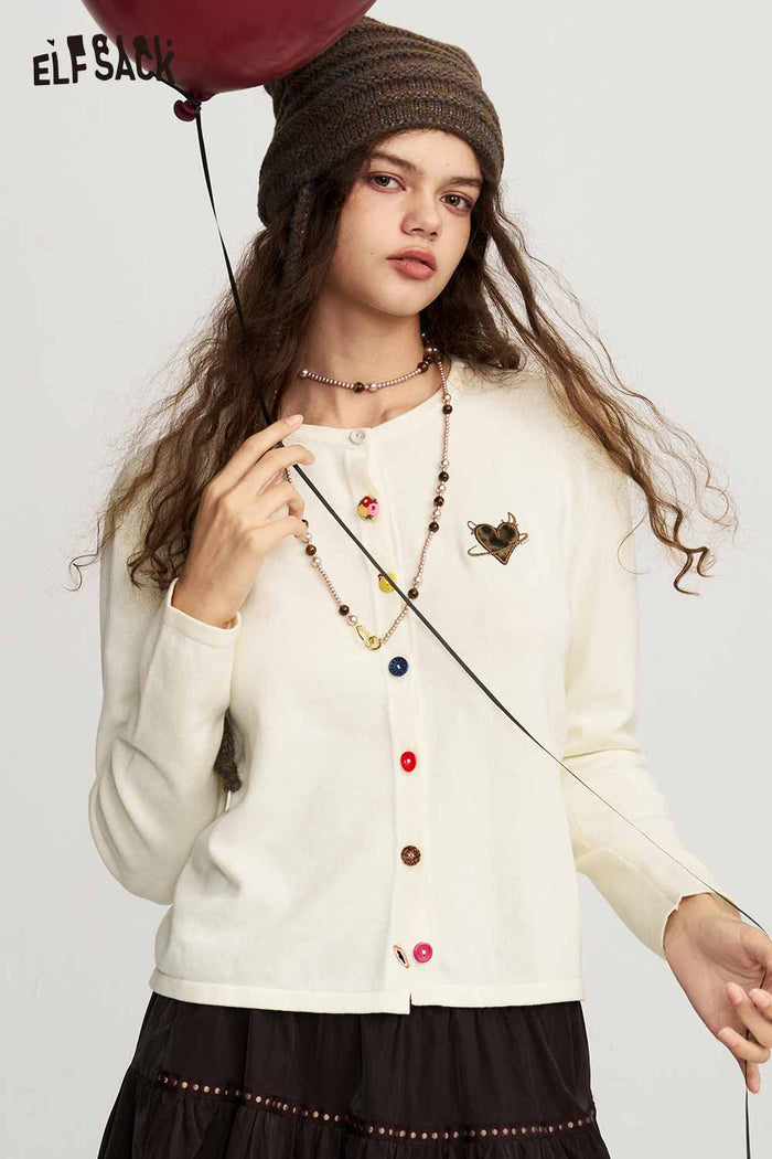 Embroidered Cardigan with Colorful Buttons