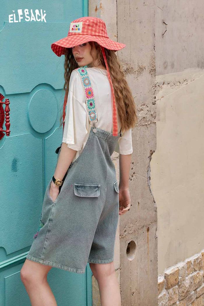 ELFSACK Embroidered Strap Ripped Overalls