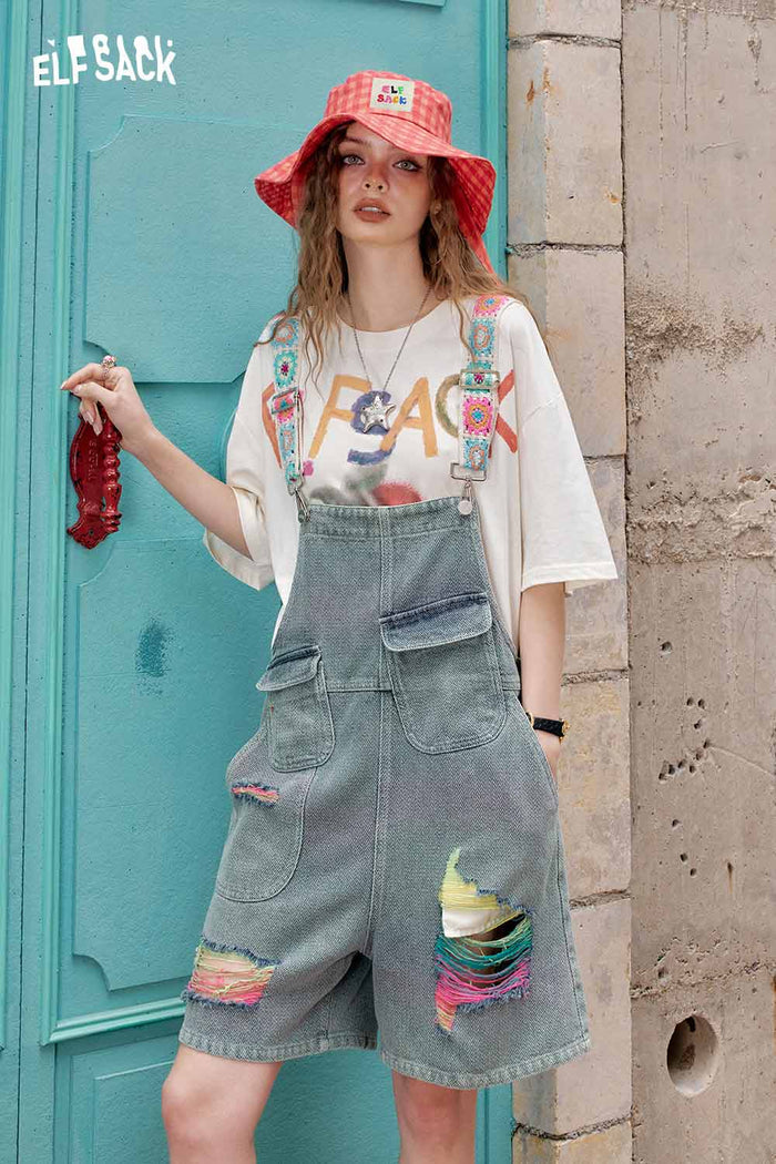 ELFSACK Embroidered Strap Ripped Overalls