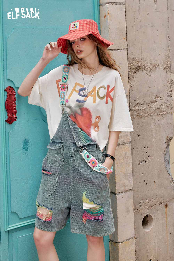 ELFSACK Embroidered Strap Ripped Overalls