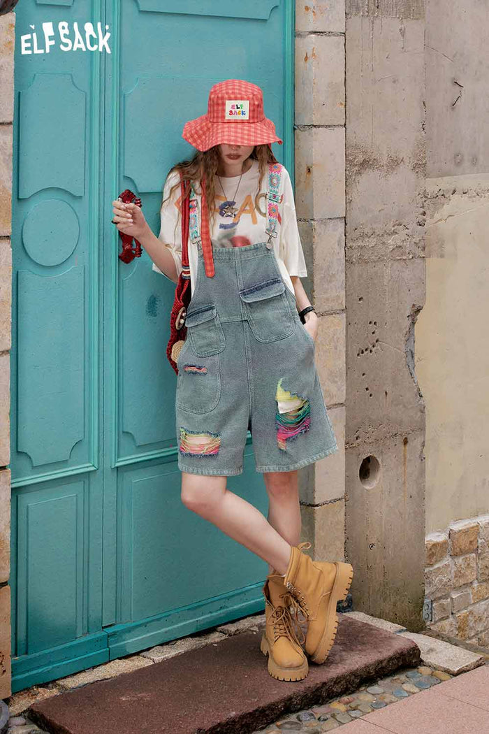 ELFSACK Embroidered Strap Ripped Overalls