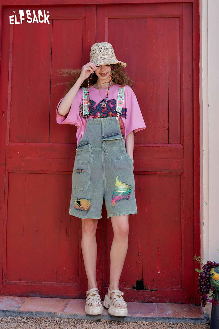 ELFSACK Embroidered Strap Ripped Overalls