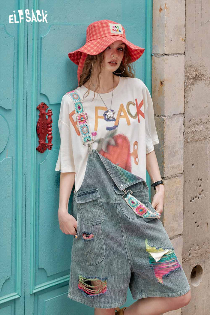 ELFSACK Embroidered Strap Ripped Overalls