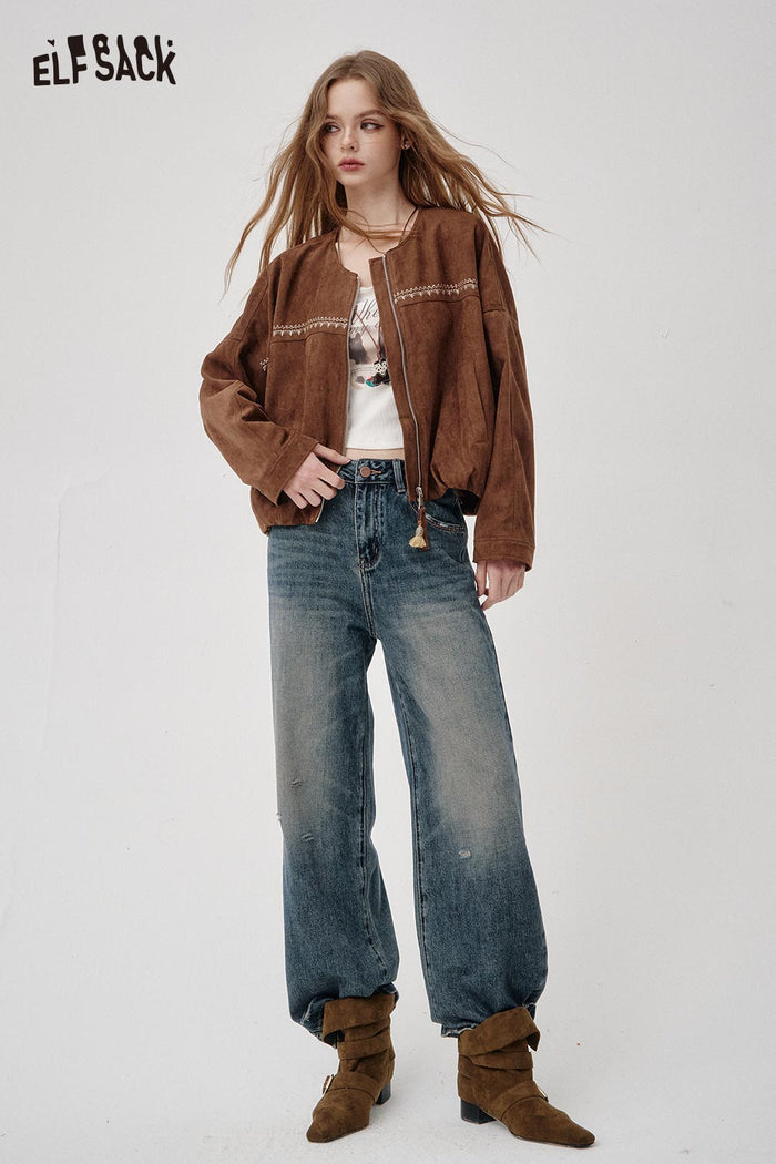 Embroidery Zip Up Cropped Jacket