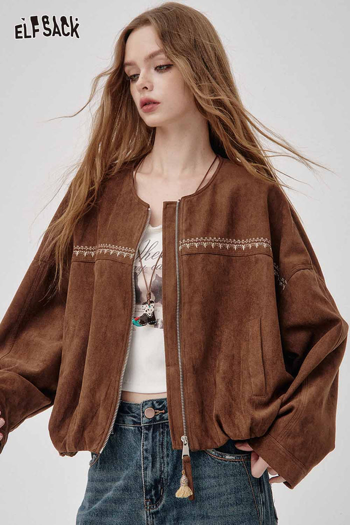 Embroidery Zip Up Cropped Jacket