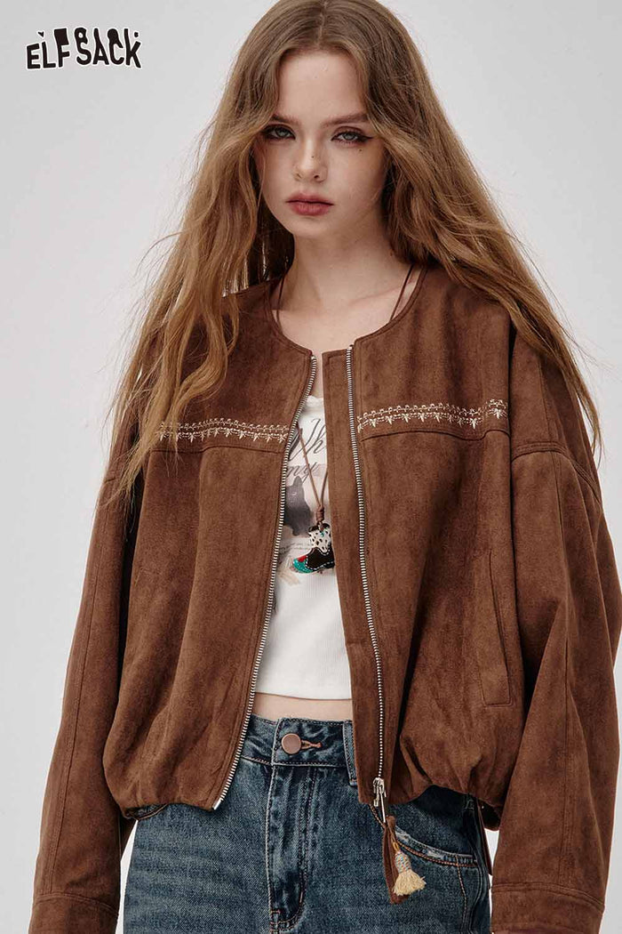 Embroidery Zip Up Cropped Jacket