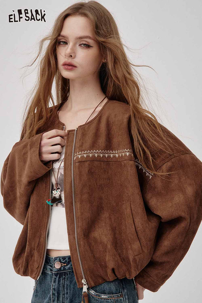 Embroidery Zip Up Cropped Jacket