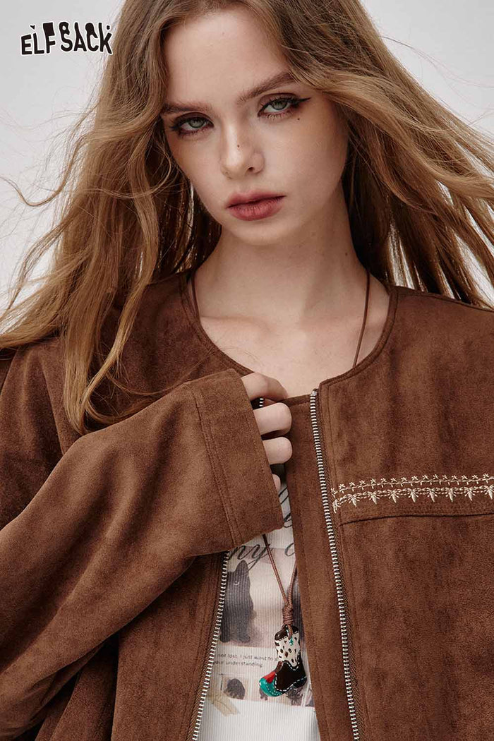 Embroidery Zip Up Cropped Jacket