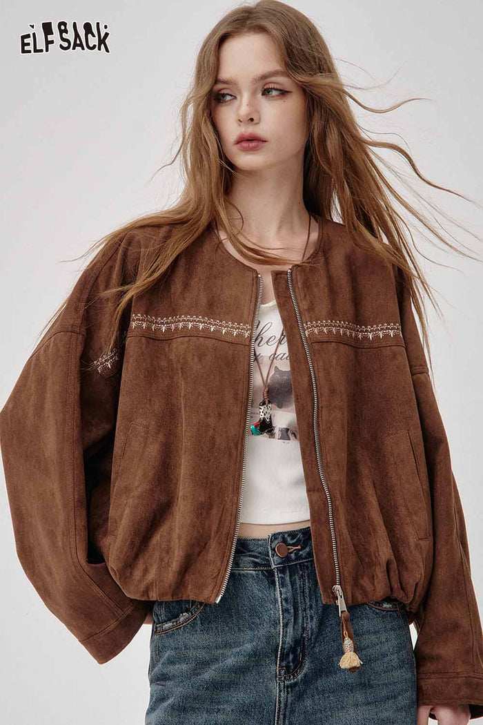 Embroidery Zip Up Cropped Jacket