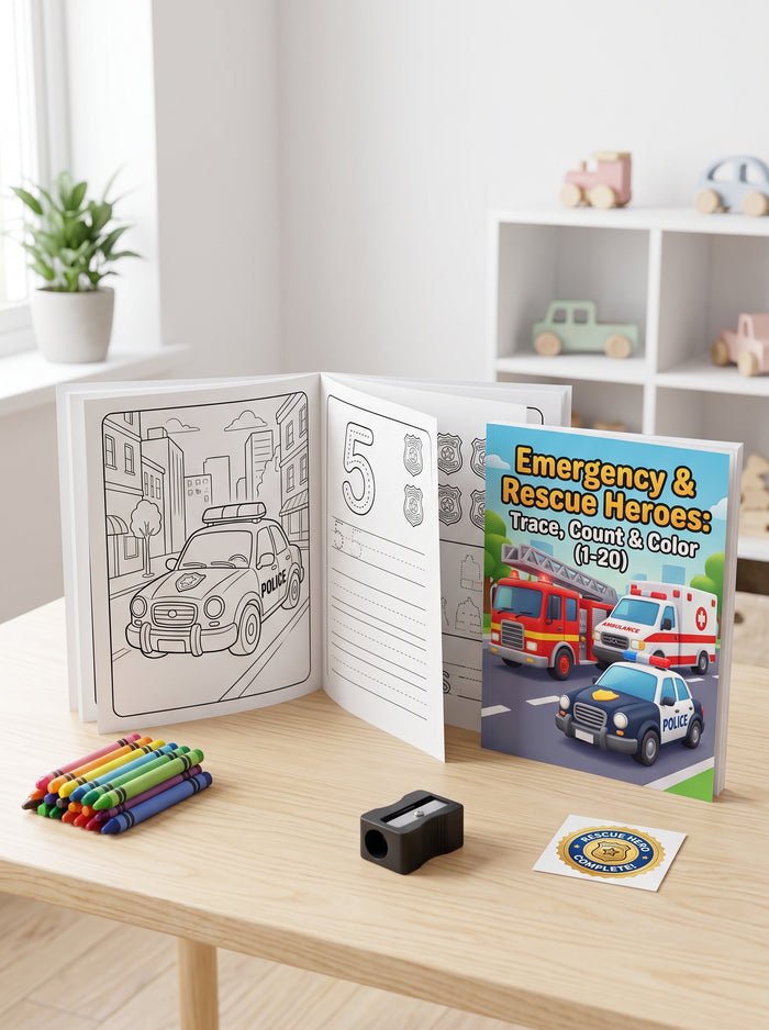 Emergency & Rescue Heroes: Trace, Count & Color (Numbers 1–20) Printable Activity Book