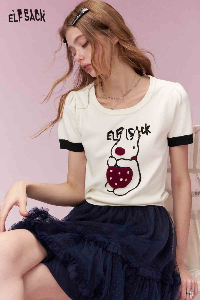 ELFSACK Energetic Girly Strawberry Bunny Print Short Sleeve Knit Top