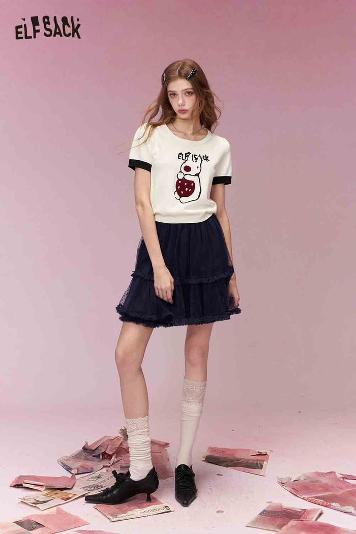 ELFSACK Energetic Girly Strawberry Bunny Print Short Sleeve Knit Top