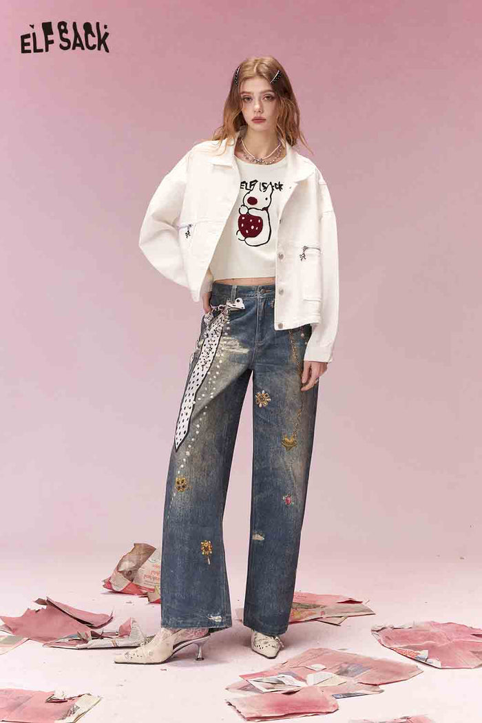 ELFSACK Energetic Girly Strawberry Bunny Print Short Sleeve Knit Top