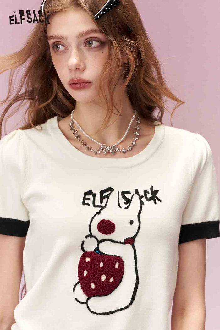 ELFSACK Energetic Girly Strawberry Bunny Print Short Sleeve Knit Top
