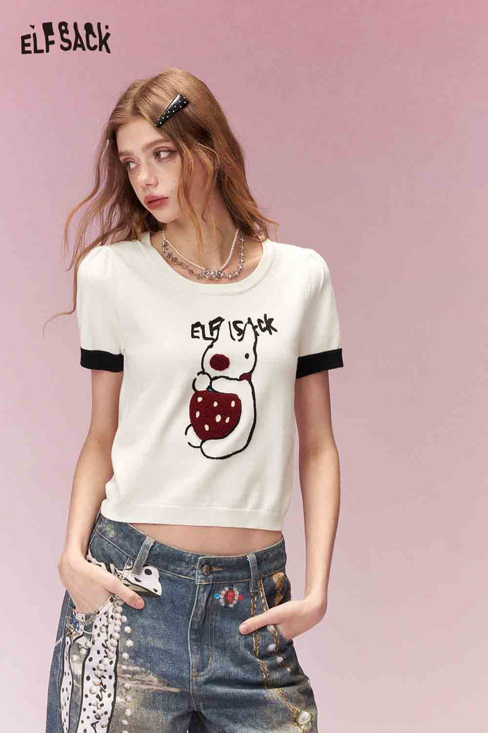 ELFSACK Energetic Girly Strawberry Bunny Print Short Sleeve Knit Top