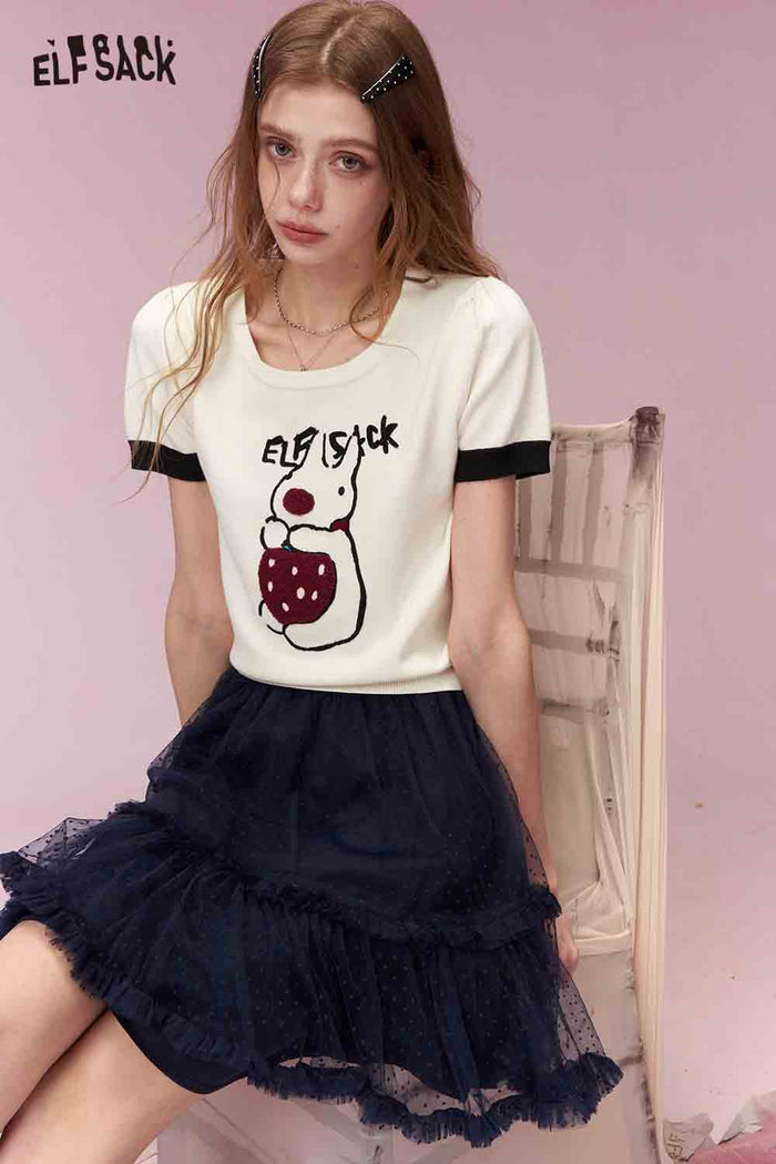 ELFSACK Energetic Girly Strawberry Bunny Print Short Sleeve Knit Top