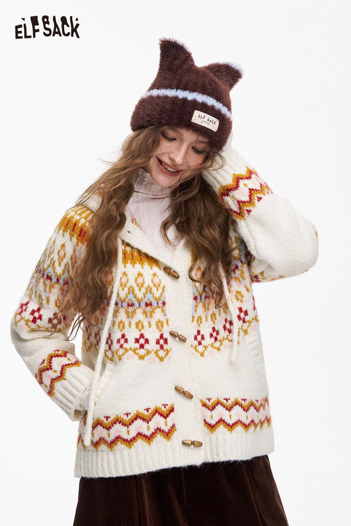 ELFSACK Fair Isle Button Hooded Drawstring Cardigan