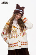 ELFSACK Fair Isle Button Hooded Drawstring Cardigan
