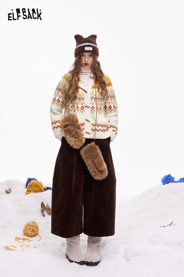 ELFSACK Fair Isle Button Hooded Drawstring Cardigan