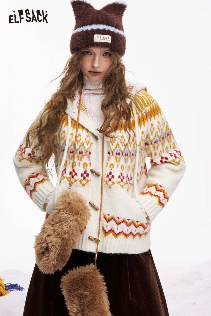 ELFSACK Fair Isle Button Hooded Drawstring Cardigan