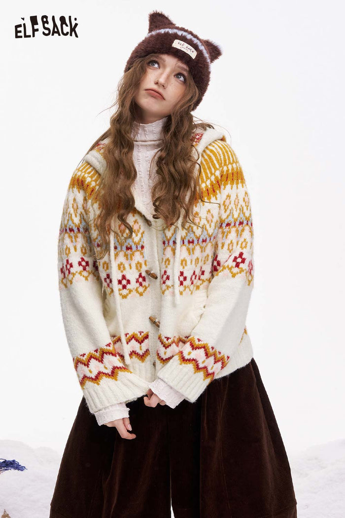 ELFSACK Fair Isle Button Hooded Drawstring Cardigan