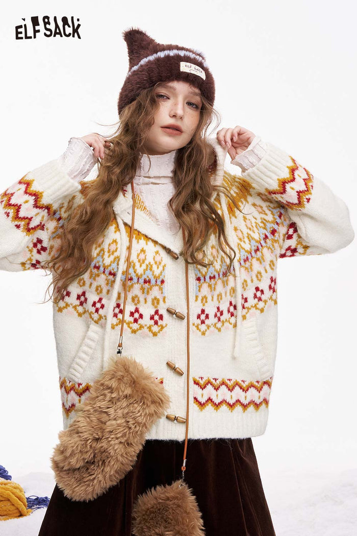 ELFSACK Fair Isle Button Hooded Drawstring Cardigan