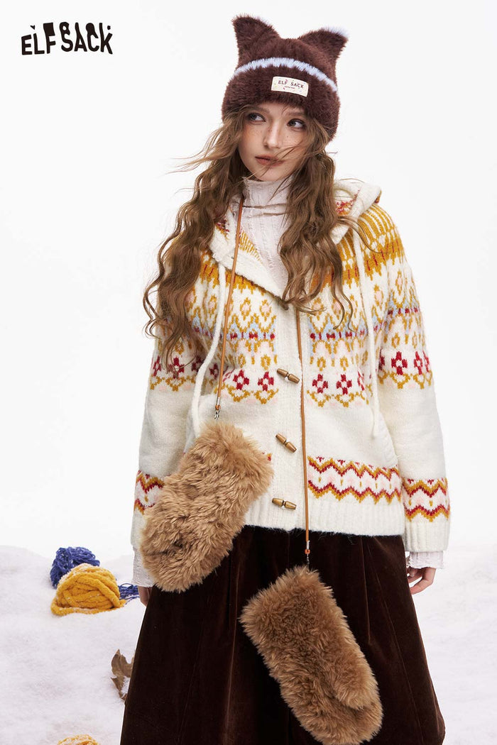 ELFSACK Fair Isle Button Hooded Drawstring Cardigan
