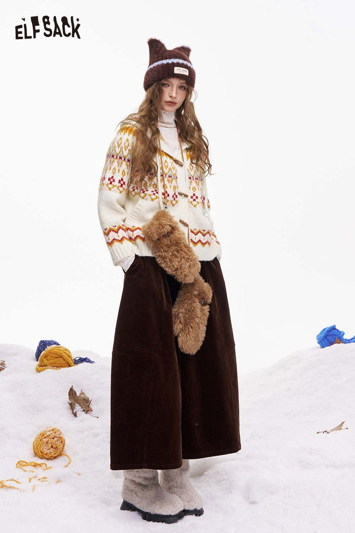 ELFSACK Fair Isle Button Hooded Drawstring Cardigan