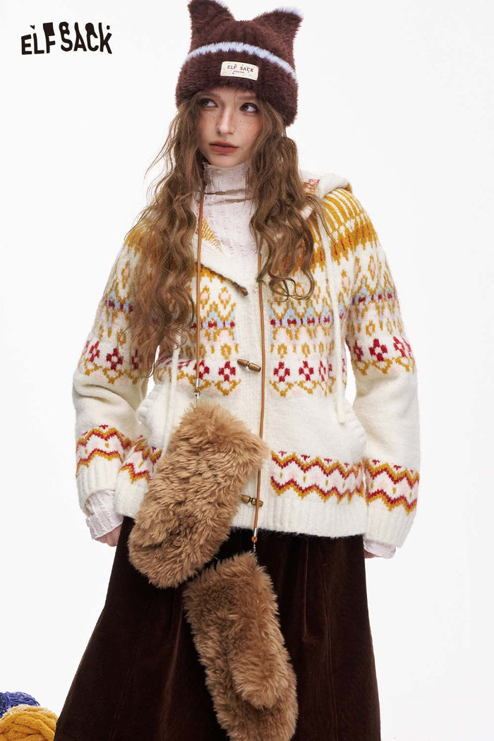 ELFSACK Fair Isle Button Hooded Drawstring Cardigan