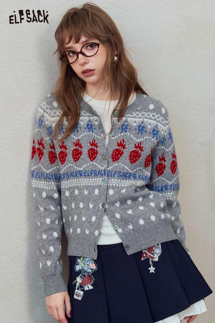 Fair Isle Strawberry Print Knit Cardigan