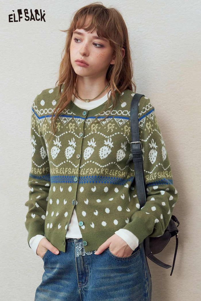 Fair Isle Strawberry Print Knit Cardigan