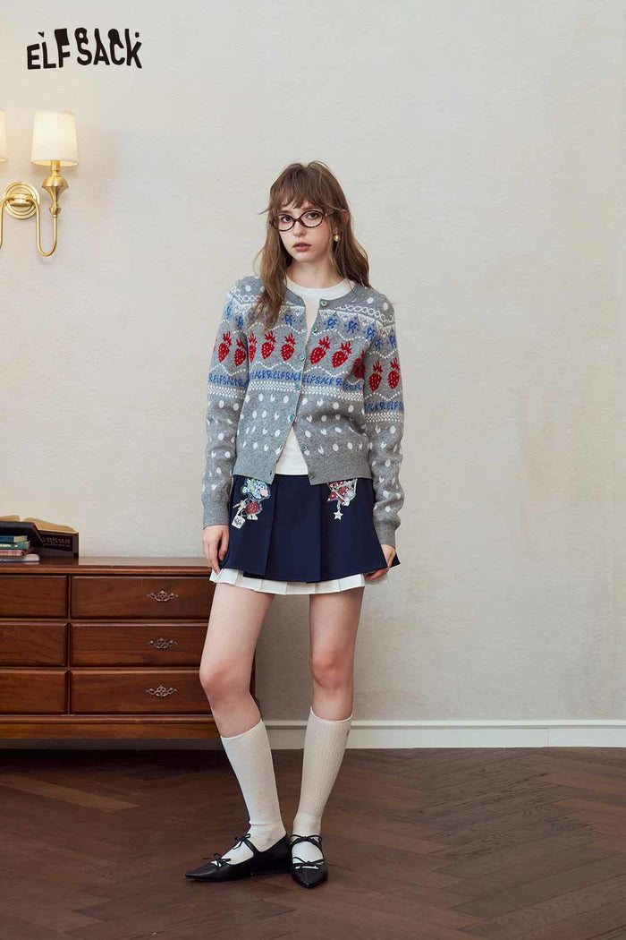 Fair Isle Strawberry Print Knit Cardigan