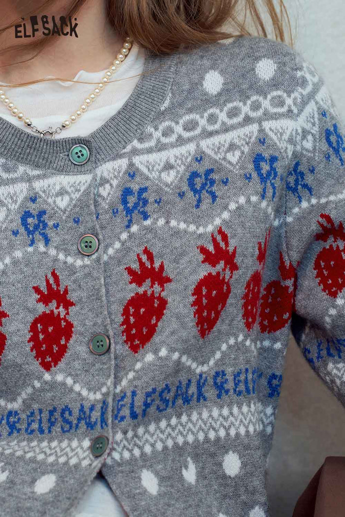 Fair Isle Strawberry Print Knit Cardigan