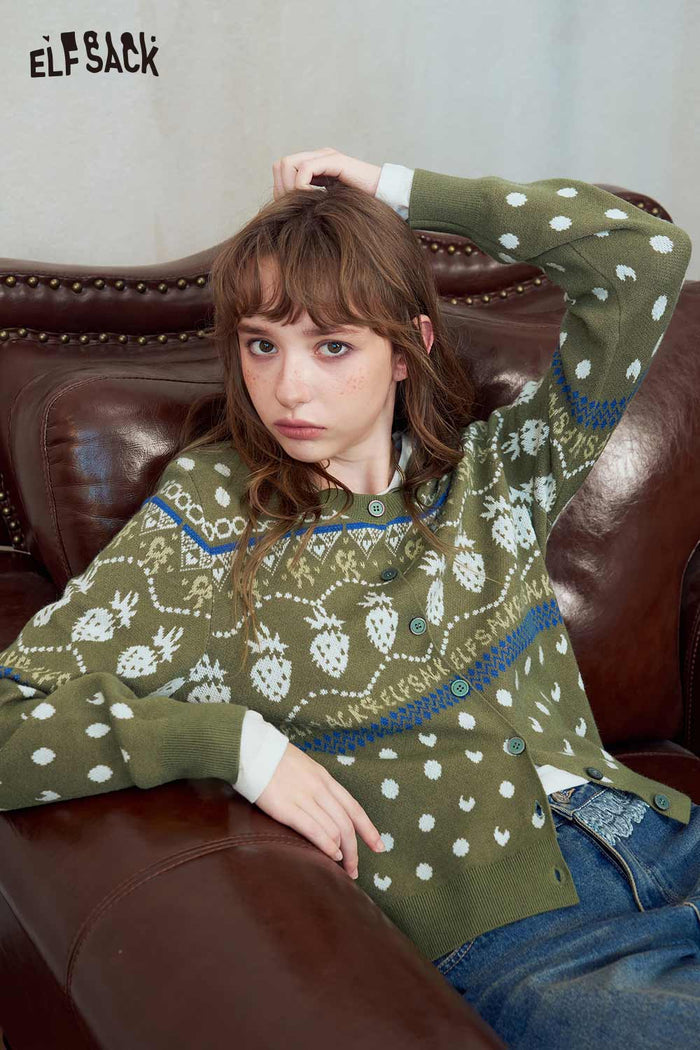 Fair Isle Strawberry Print Knit Cardigan