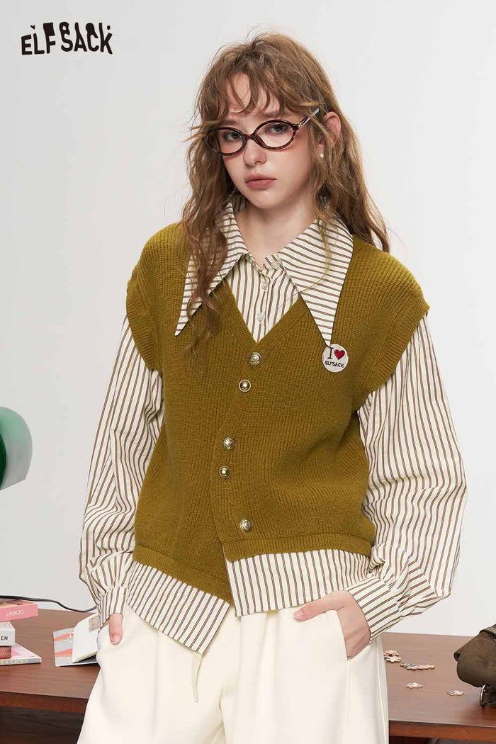 Fake Two Piece Asymmetric Striped Heart Embroidery Top