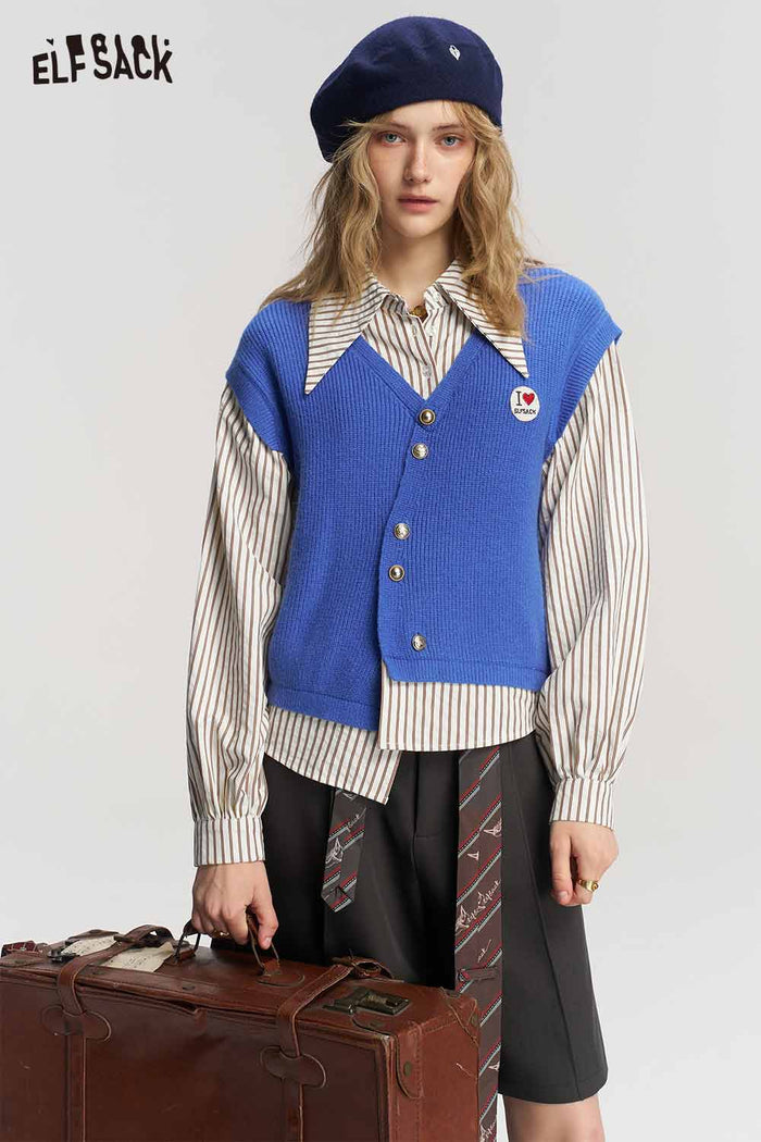 Fake Two Piece Asymmetric Striped Heart Embroidery Top