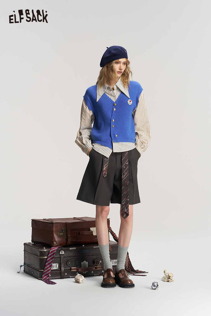 Fake Two Piece Asymmetric Striped Heart Embroidery Top
