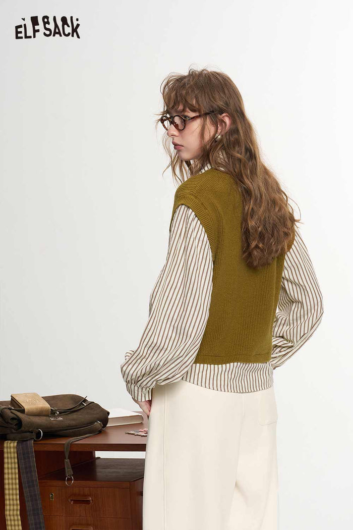 Fake Two Piece Asymmetric Striped Heart Embroidery Top