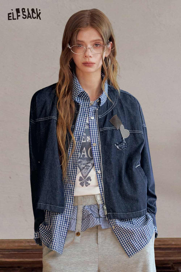 Fake Two-Piece Badge Plaid Trim Jacket