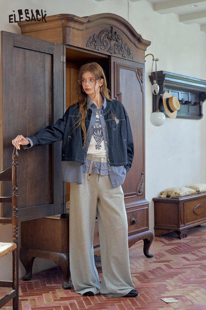 Fake Two-Piece Badge Plaid Trim Jacket