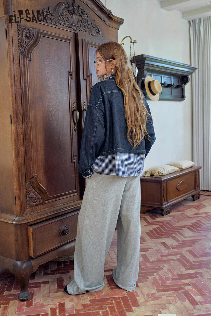 Fake Two-Piece Badge Plaid Trim Jacket