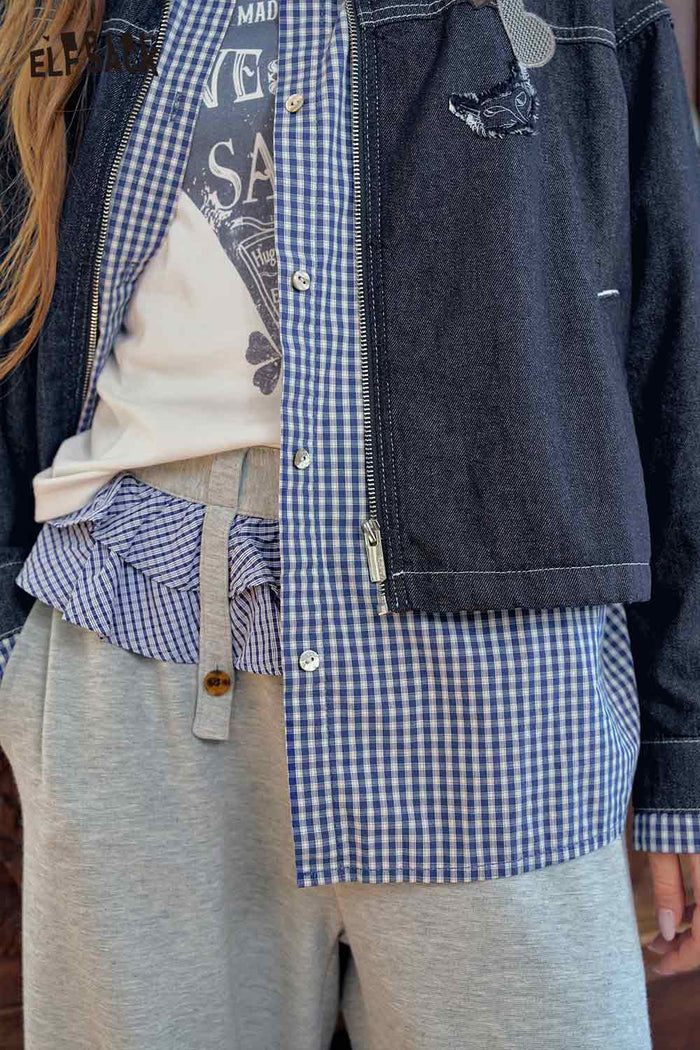 Fake Two-Piece Badge Plaid Trim Jacket