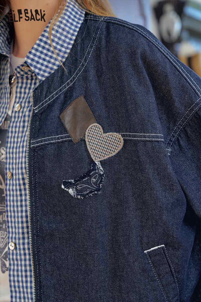 Fake Two-Piece Badge Plaid Trim Jacket