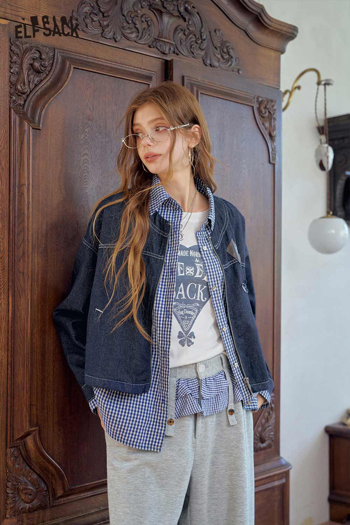 Fake Two-Piece Badge Plaid Trim Jacket